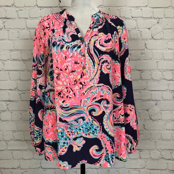 Lilly Pulitzer Tops - Lilly Pulitzer 100% Silk Elsa Blouse Size S Pop Up For The Halibut